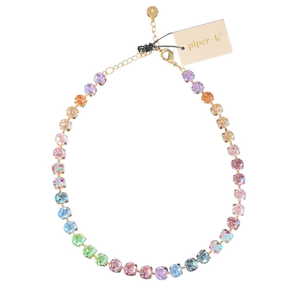 Piper K Pastel Crystal Multicolor Glass Stone Tennis Necklace pink purple green